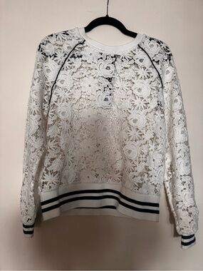 Anthropologie Maeve White Floral Lace Pullover Sweater with Striped Hem